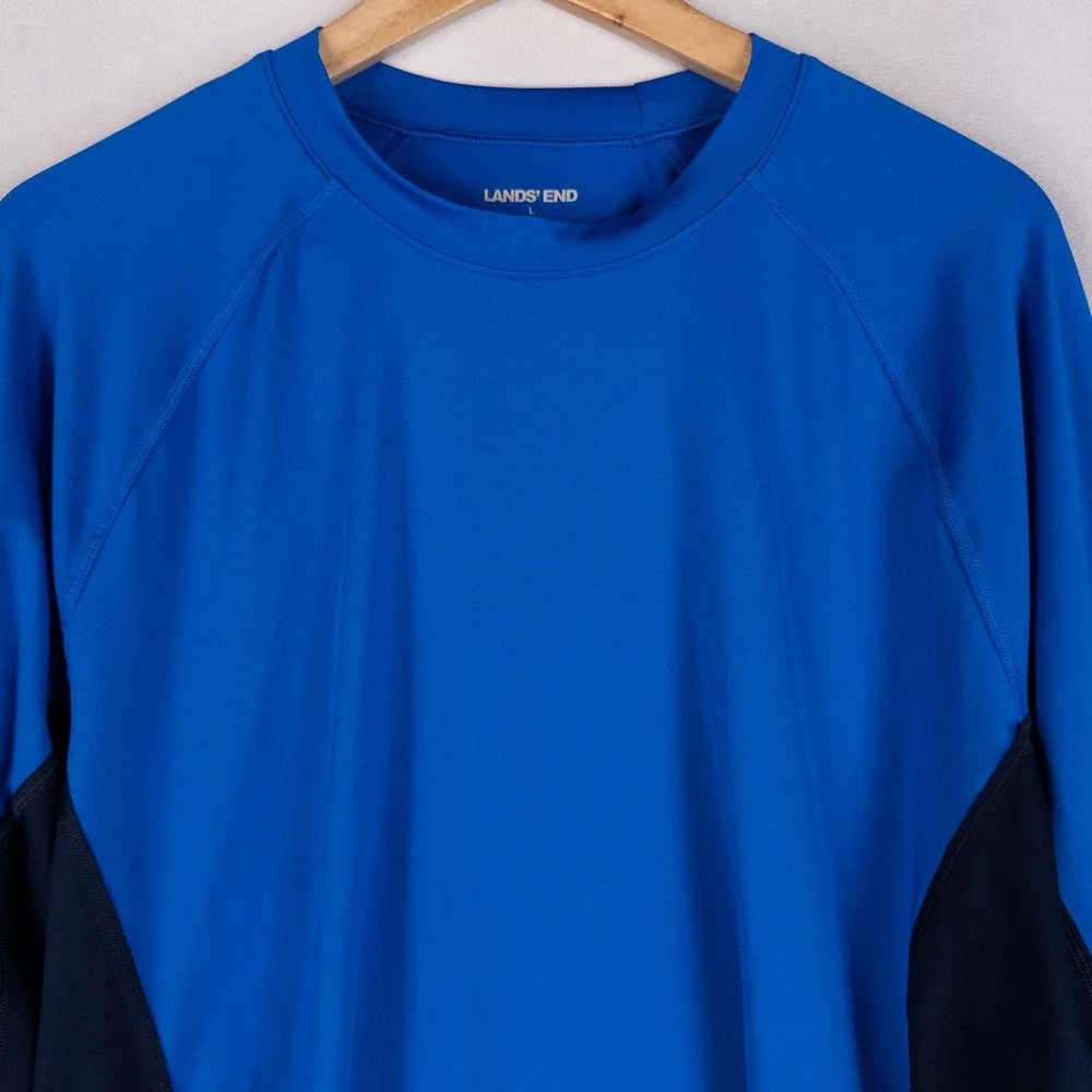 Lands' End Mens Rash Guard Swim Shirt L Blue Navy Long Sleeve Performance UPF